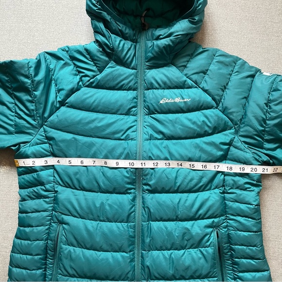 Eddie Bauer Women’s Size Large Turquoise Stormdown 800 Hooded Puffer Jacket - Picture 9 of 12